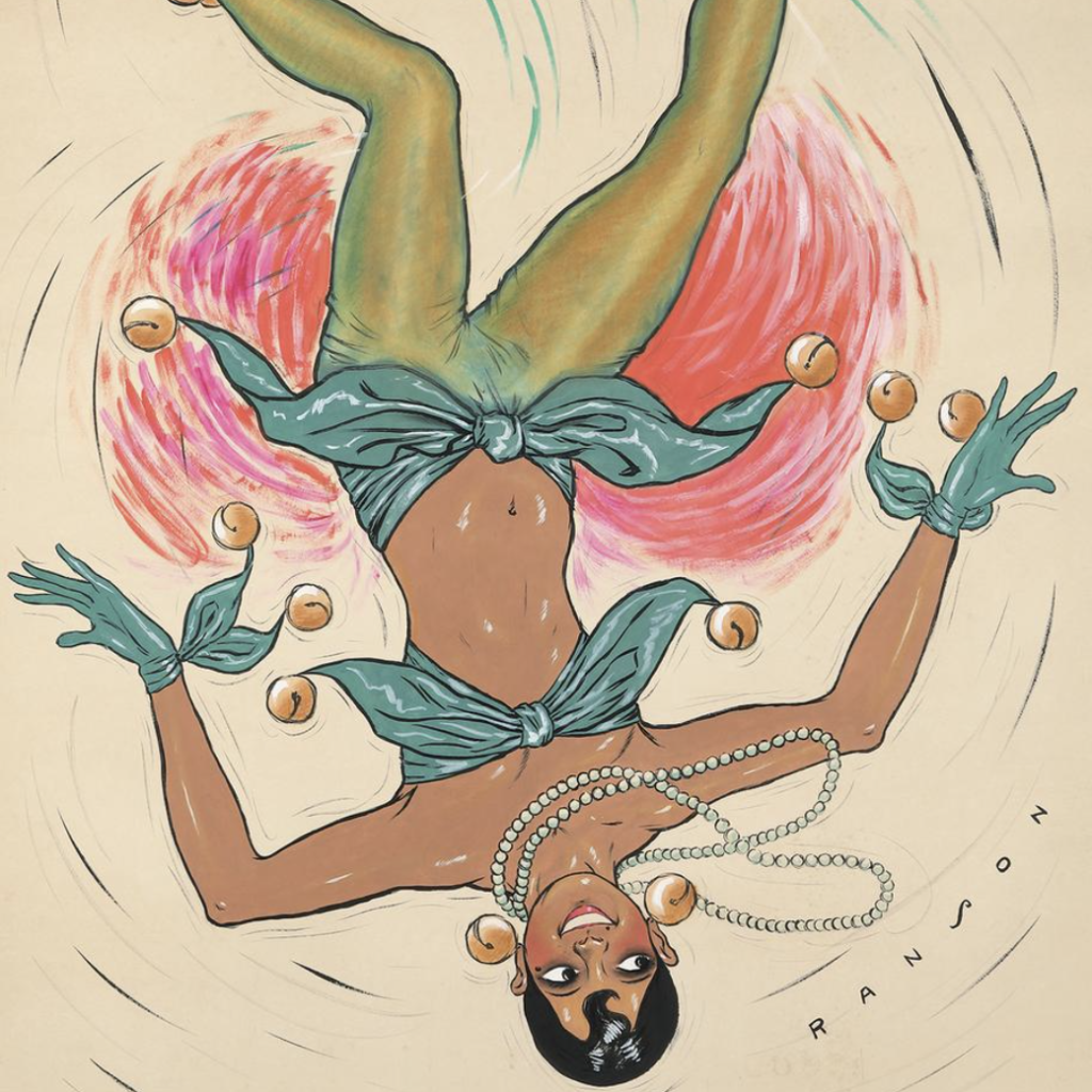 An upside down depiction of Josephine Baker on a poster